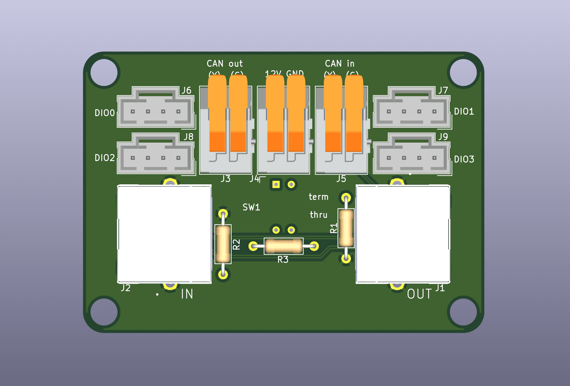 Render of a CAN-over-RJ45 PCB