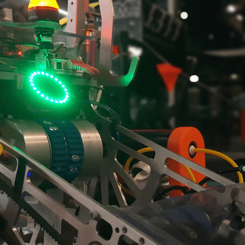 Close-up of the robot's shooter and green vision light ring