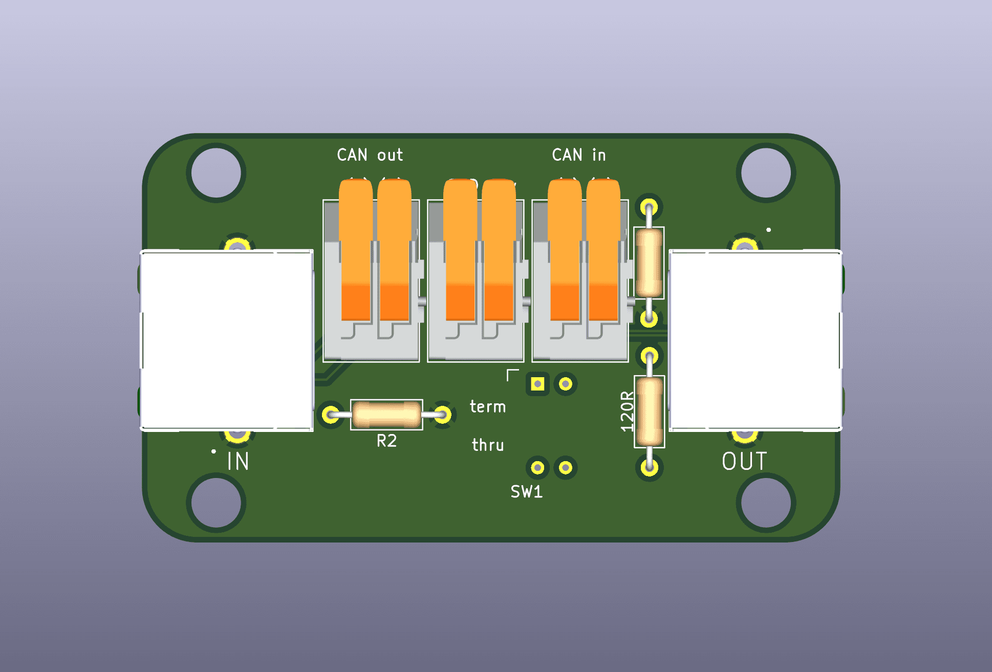 Render of a CAN-over-RJ45 PCB